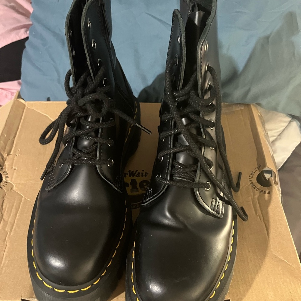 Black Leather Lace-Up Boots with Yellow Stitching. Dr.Martens